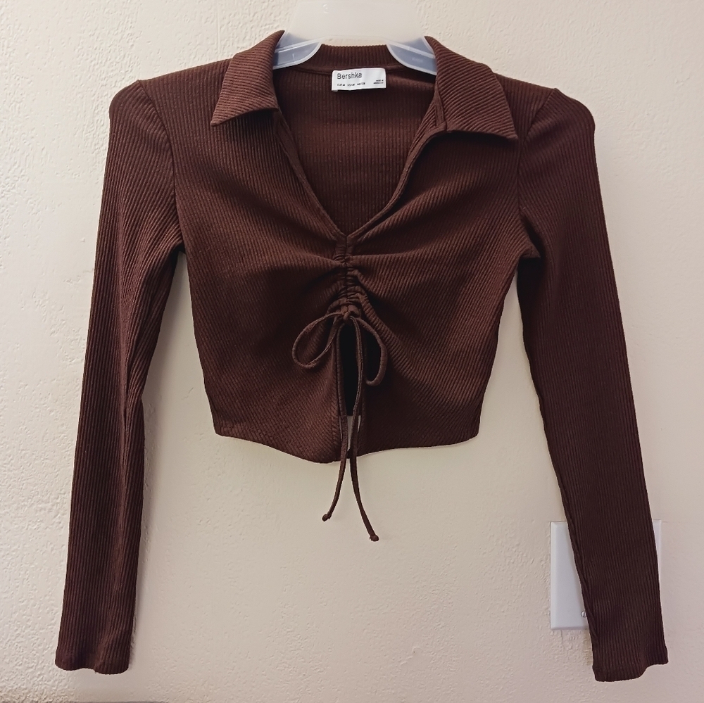 Bershka Long Sleeve Brown Top Size Medium